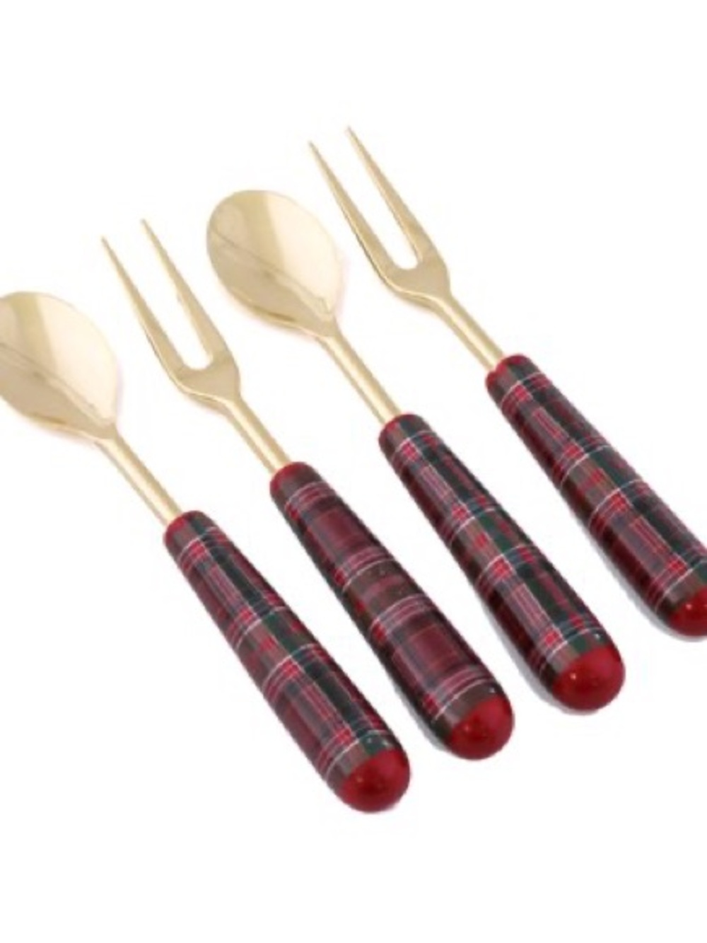 Thirstystone Gold-Plated Serving Fork and Spoon Set with Red Tartan Handles